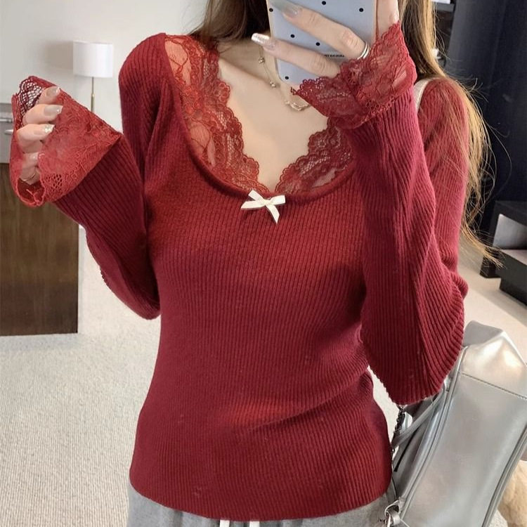 Lace Panel V Neck Long Sleeve Top for Women Soft Warm Fabric Autumn Casual Wear fast shipping