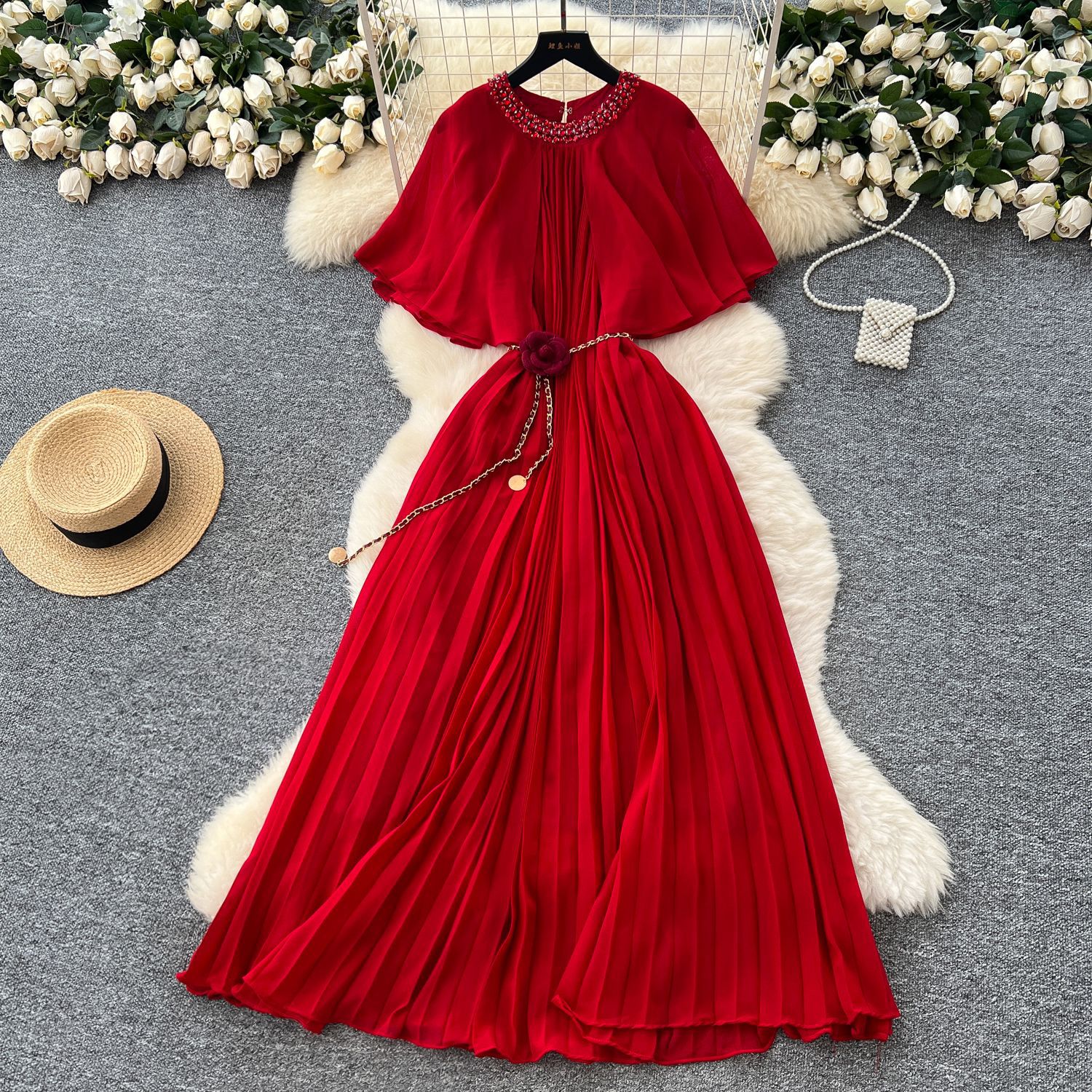 French Style Elegant Chiffon Dress Embellished Round Neck Waist Tie Pleated Design Perfect for Parties and Special