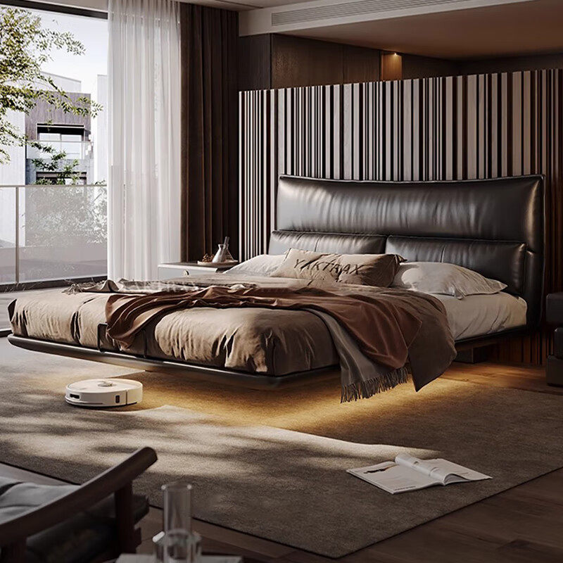 Suspended Bed Black Leather Multifunctional Storage Bed Accessible Luxury Italian Normcore Luxury Classy Large Bed 2m with Sensor Light