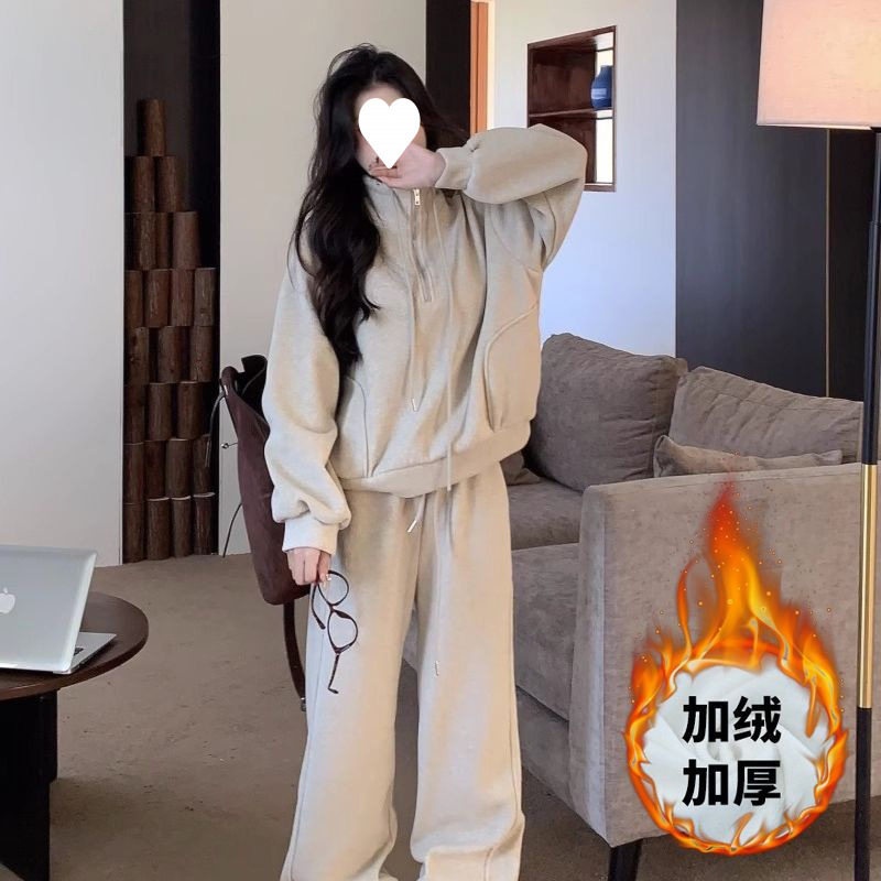 Casual Sports Suit Women's Sweatshirt Fleece-Lined Winter Fashion Slim Hong Kong Style Lazy Style Wide-Leg Pants Two-Piece Set