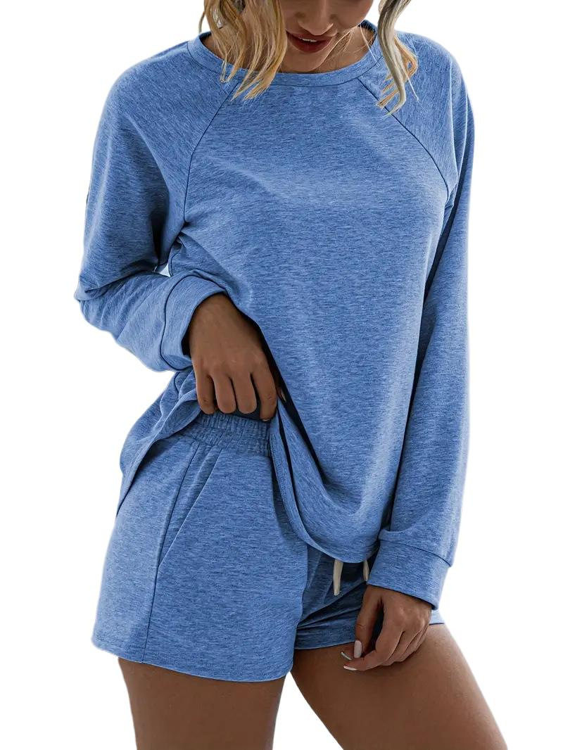 2025 European and American Cross-border Summer New Women's Solid Color Elegant Two-piece Crewneck Long-sleeved Shorts Home Sports suit