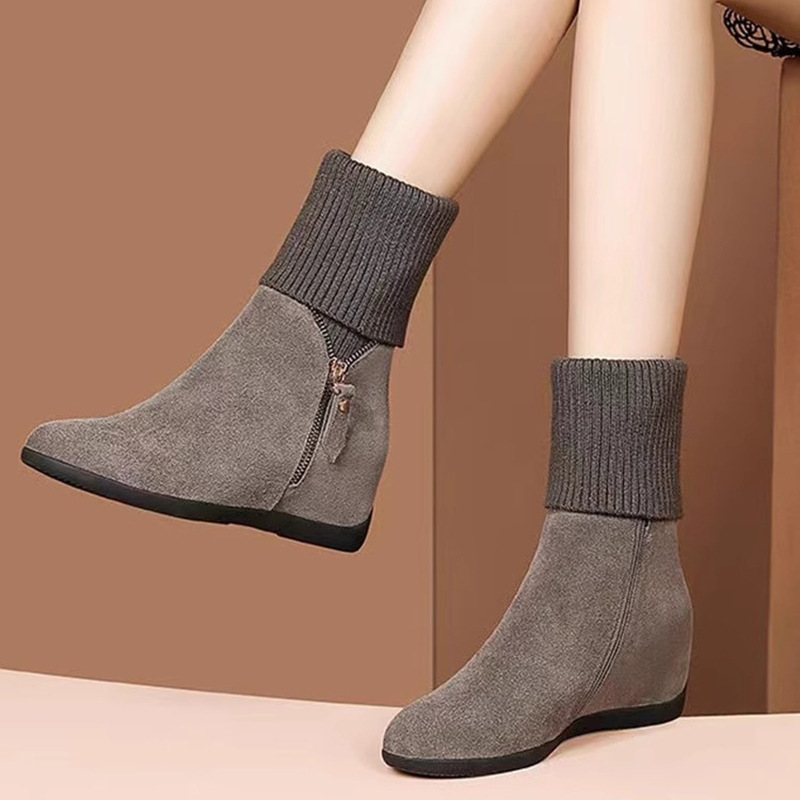 Boot nữ cổ trung gót nêm mũi tròn giữ ấm dáng thanh lịch — màu đen, màu xám