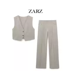 Zarz Homemade European and American Style New Women's Clothing Blended Short Vest Linen Blended Rib Detail Straight Pants