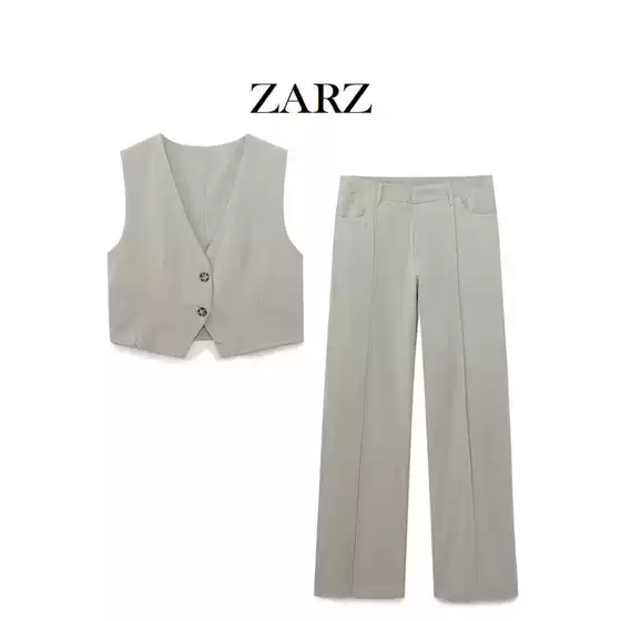 Zarz Homemade European and American Style New Women's Clothing Blended Short Vest Linen Blended Rib Detail Straight Pants