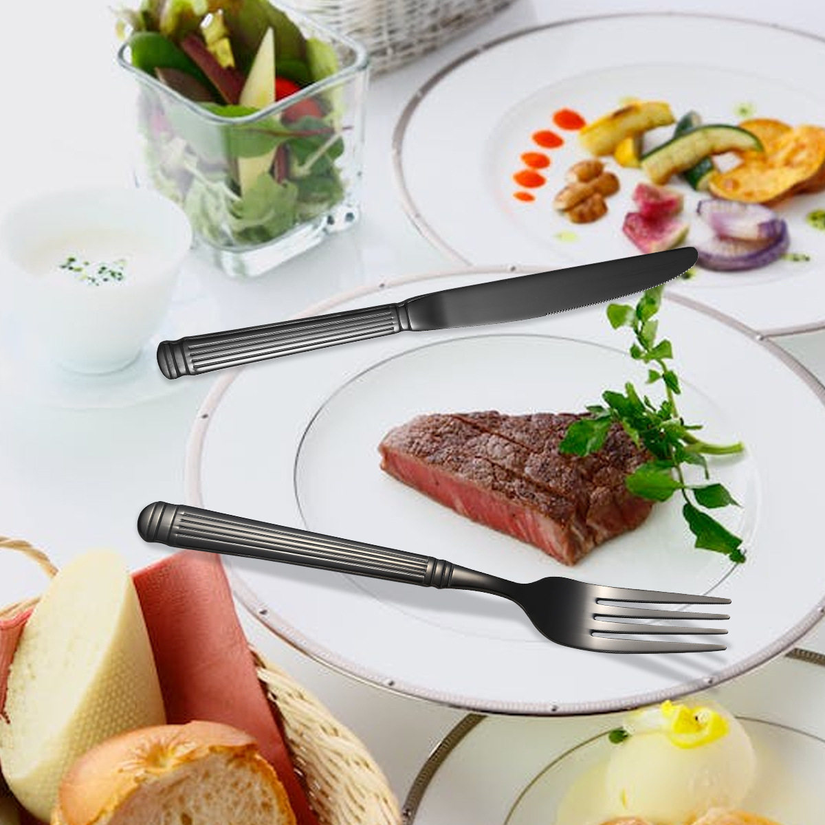 Cross-border Roman column stainless steel Western tableware knife, fork and spoon hotel household steak knife dessert spoon five-piece set