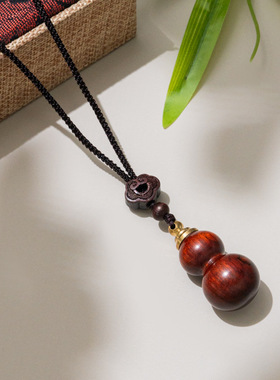新中式国风檀木竹节葫芦吊坠项链女复古小众编织绳长款毛衣链配饰