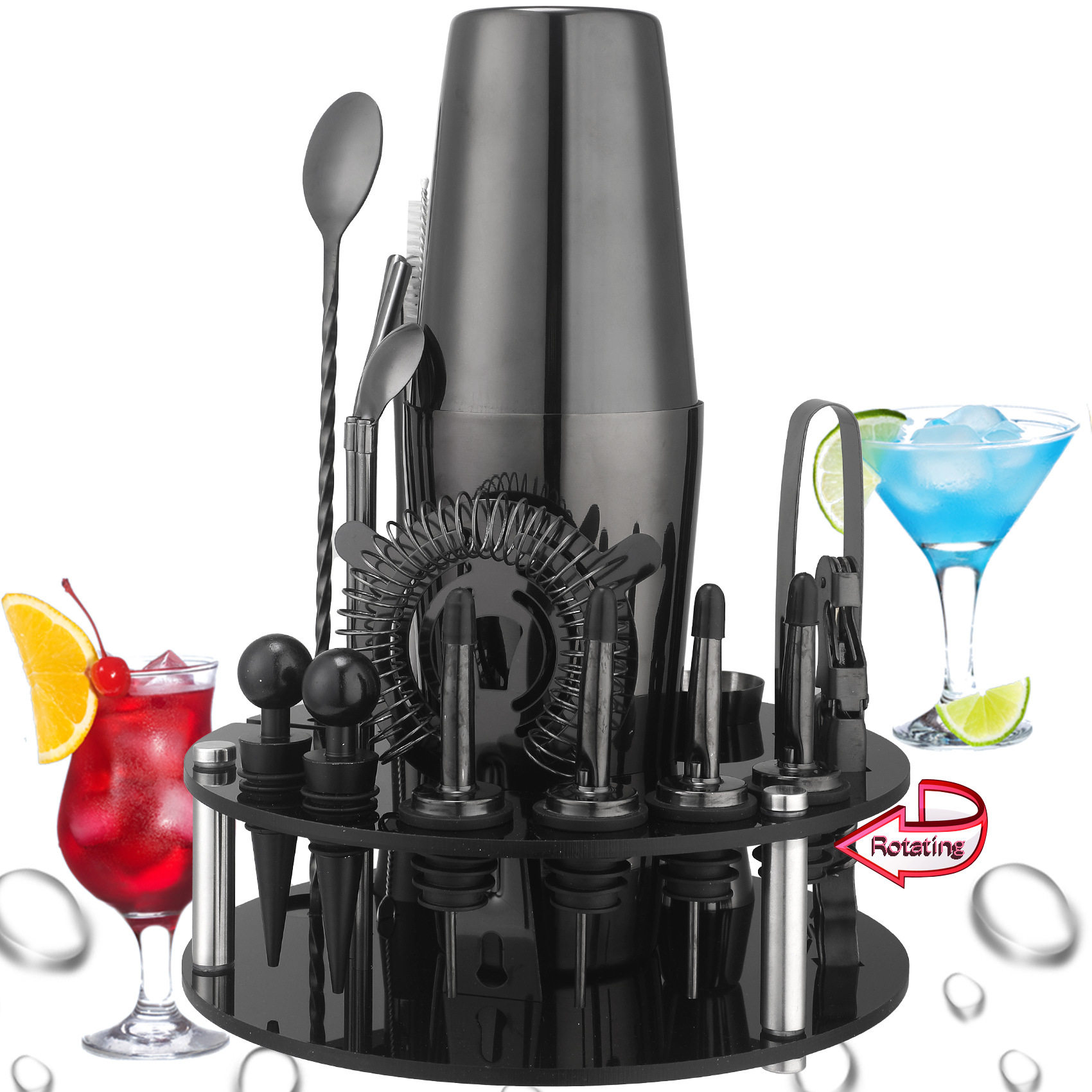 Rotating Round Black Acrylic Shaker Cup Set Anti-Fall Cocktail Shaker Bar Tool Set 20 Pieces