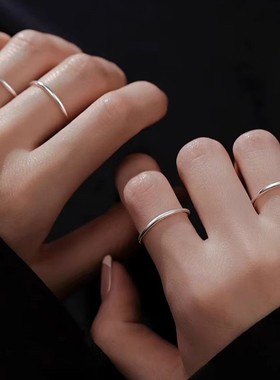 999纯银素圈戒指三生三世磨砂喷砂古法闭口指环简约足银圆形尾戒