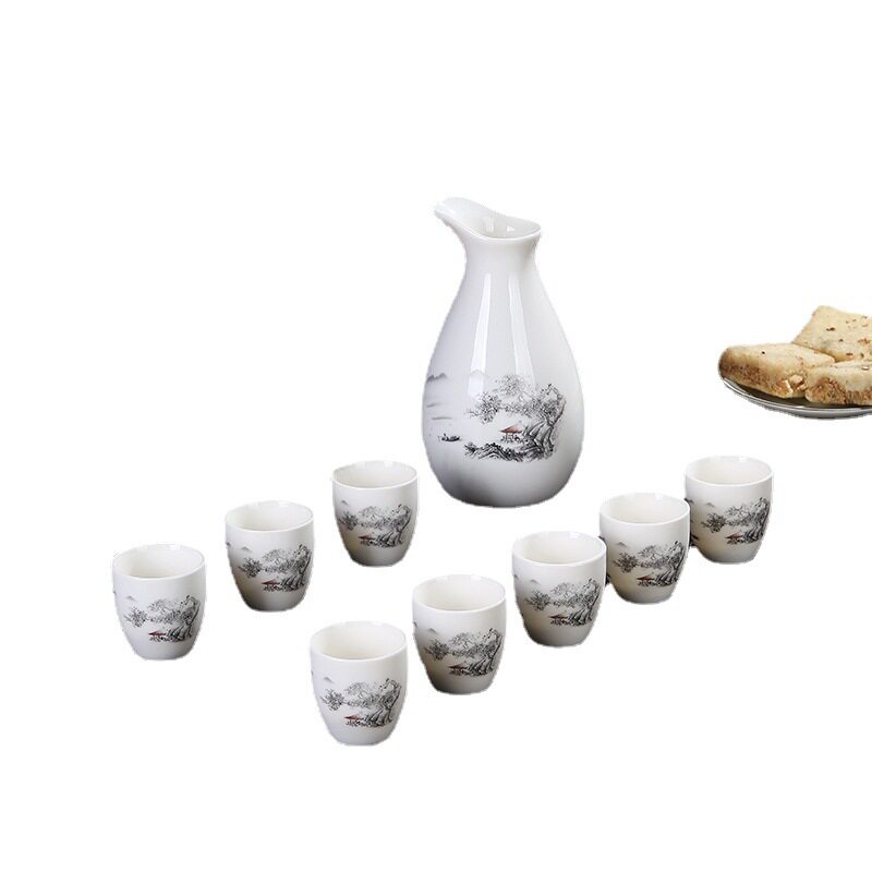 Winery warm hip flask wine dispenser blue and white box ceramic one pot eight glasses wine suit white wine glass wine pot LOGO wine container