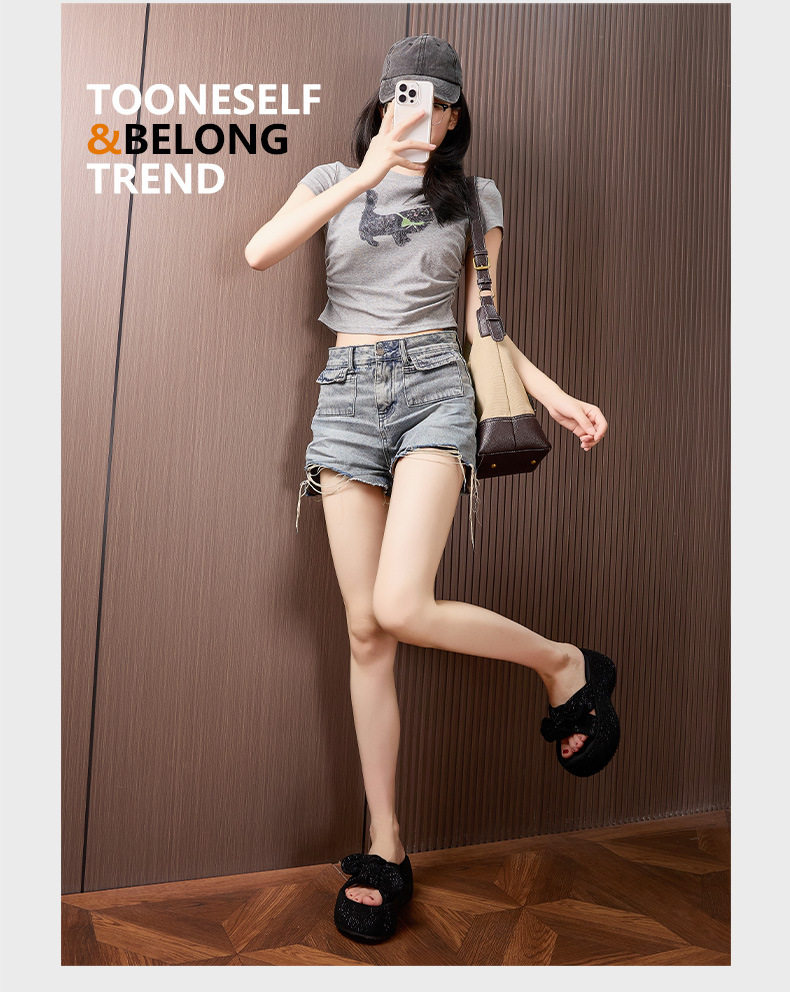 Dép sandal nữ quai chữ V nơ trang trí đế chống trượt mùa hè — Len tinh khiết, Đen chi tiết 13
