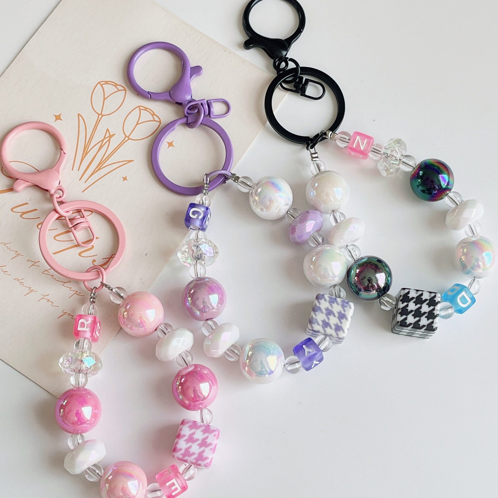 New houndstooth cube sugar beaded keychain pendant cute girl bag ornaments colorful wheel beads lobster buckle