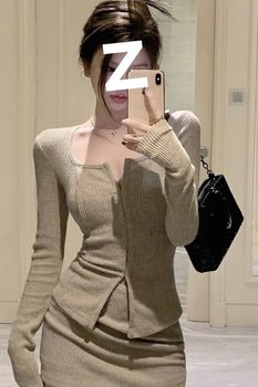 Hot Girl Fashion Suit Knitted Cardigan Women's 2025 Autum New Style Gentle Elegant Slim Top and Skirt Two-Piece Set