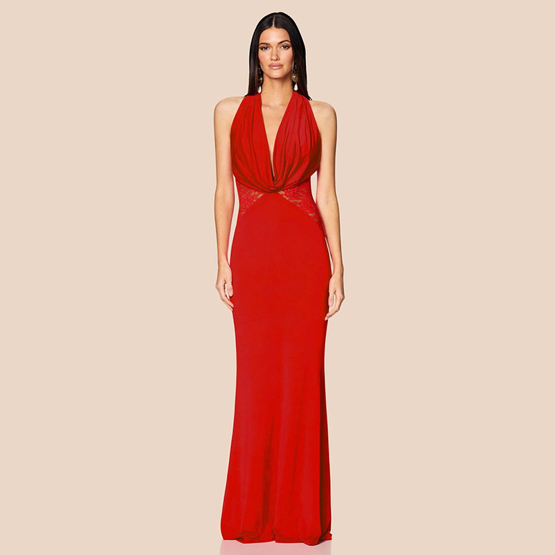 Elegant Lace Trimmed Mermaid Dress Halter Neck V Neck Backless Slim Fit Evening Gown for Formal Occasions