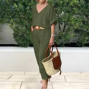 2025 European and American Cross-Border Amazon Independent Station Women's Fashion Casual Summer Multi-Color V Neck Loose Cotton and Linen Suit