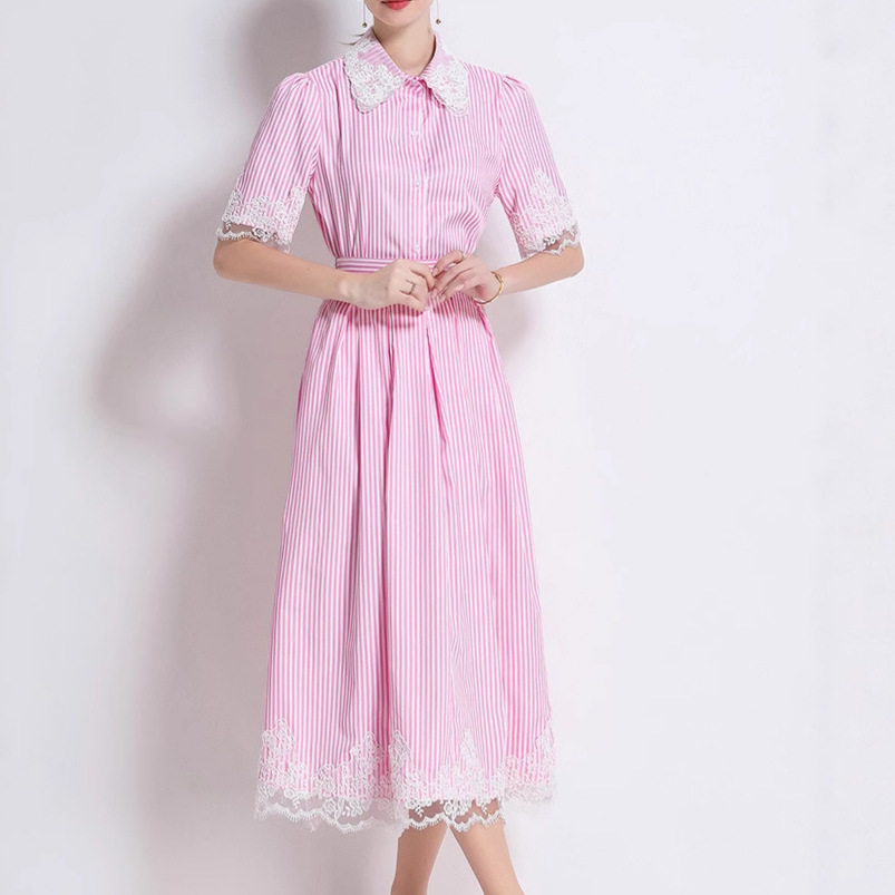 Pink Lace Trimmed Striped Short Sleeve Shirt Set High Waist Flattering A Line Skirt Casual Chic Outfit Wholesale