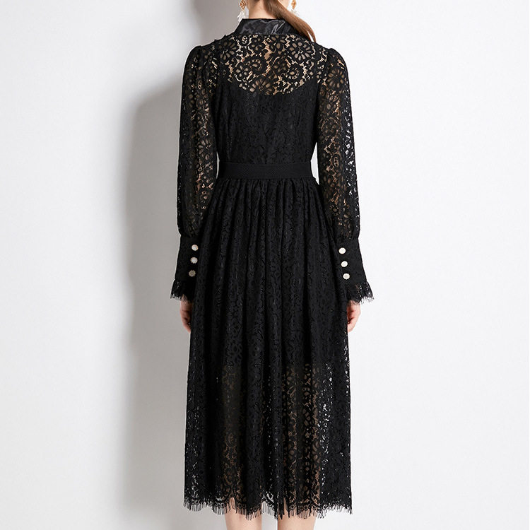 French Lace A Line Dress Embroidered Hollow Out Long Sleeve Knee Length Elegant Style Perfect for Spring and Autumn
