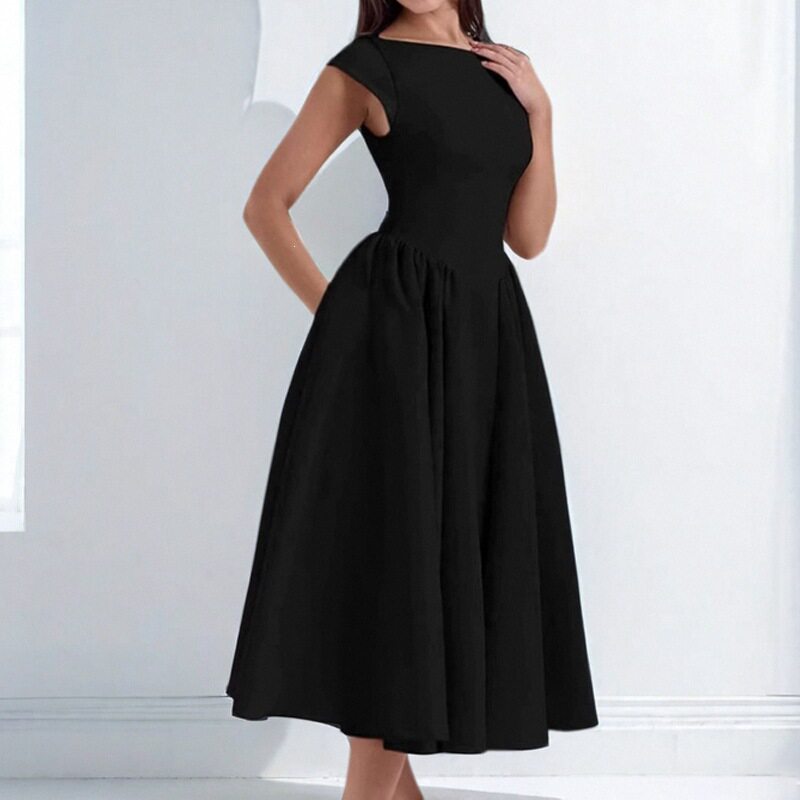 Elegant Sleeveless A Line Dress Solid Color Waist Defined Round Neck Spring Fashion for Women Wholesale Available