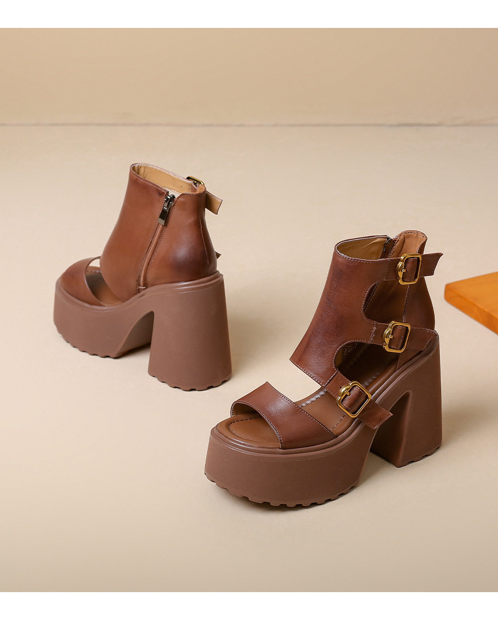 Sandal cao gót nữ hở mũi đế xuồng 12 cm phong cách La Mã — [Nâu], [Đen] chi tiết 14