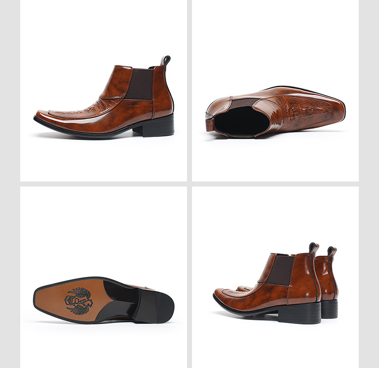 Boot Chelsea nam da bò vân cá sấu mũi vuông cổ trung, đế cao su tăng chiều cao — Màu nâu, Màu đen
