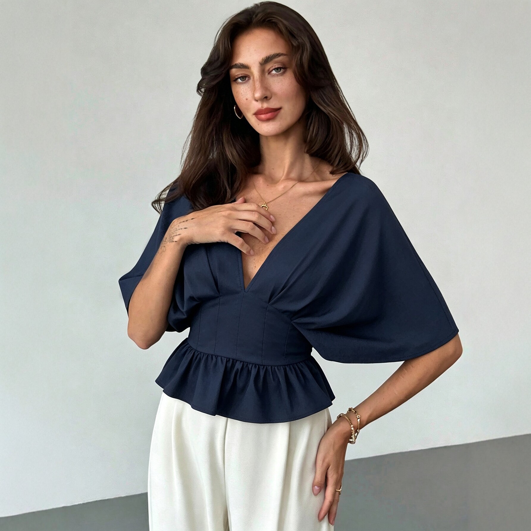 V Neck Batwing Sleeve Top Backless Slim Fit Ruffled Hem Casual Wear Summer Style Wholesale Available
