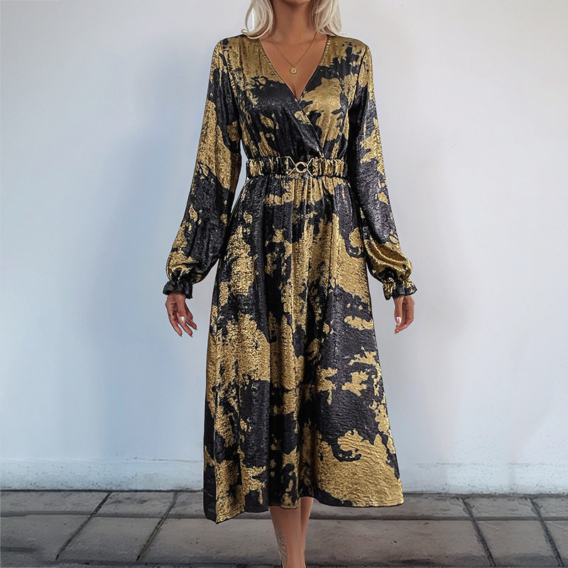 Vintage Party Dress V Neck Long Sleeve Gold Foil Detail Elegant Style for Special Occasions Wholesale Available