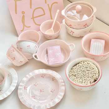 Pink Ins Style Bow Ceramic Tableware suit Needy Bowl Household Rice Bowl Plate Underglaze Color Beautiful Girl's Heart