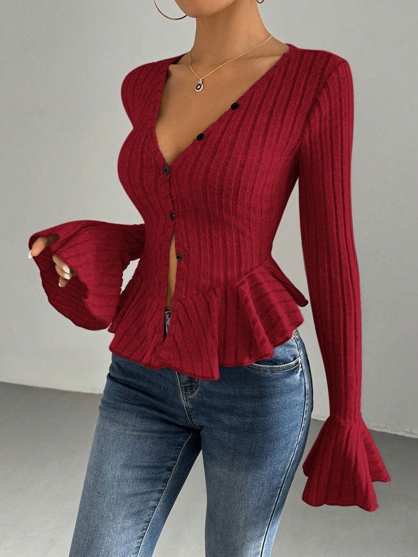 Elegant Womens T Shirt V Neck Ruffle Hem Slim Fit Spring Summer Fashion Wholesale Available