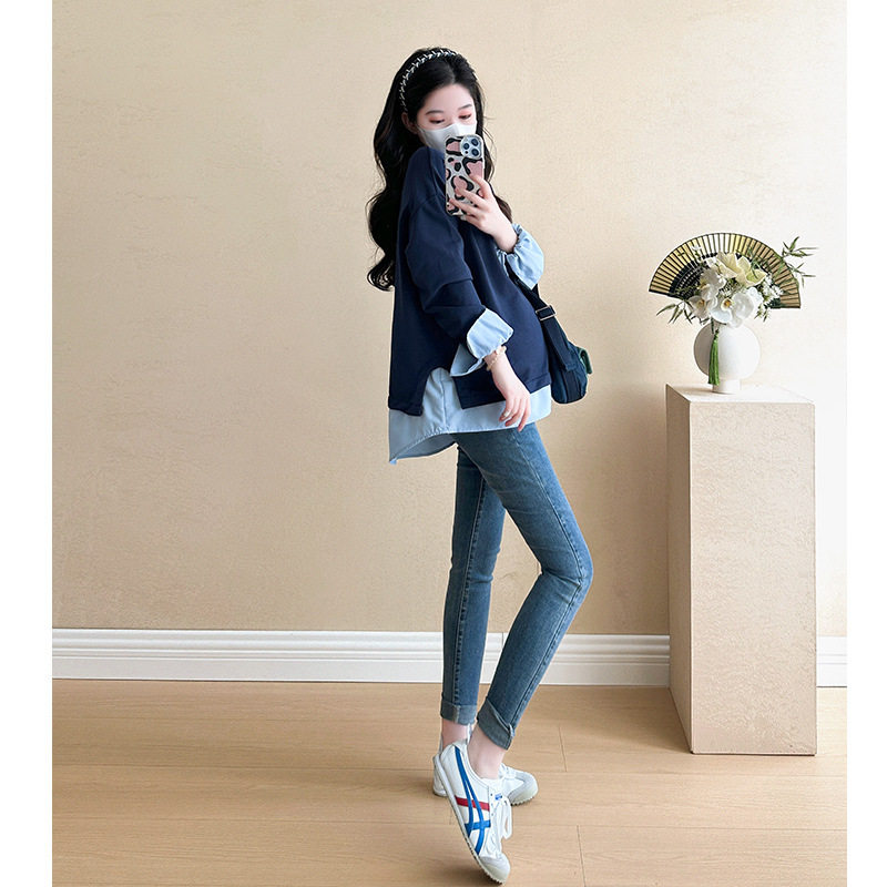 Loose A version of the belly cover does not show pregnant women's sweater fashion suit long sleeve top women's autumn stretch jeans