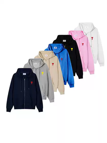 Cross-Border Trendy Brand Ami Zipper Cardigan Jacket Classic Heart Embroider Loose Men's and Women's Hooded Sweatshirt Round Neck Sweatshirt