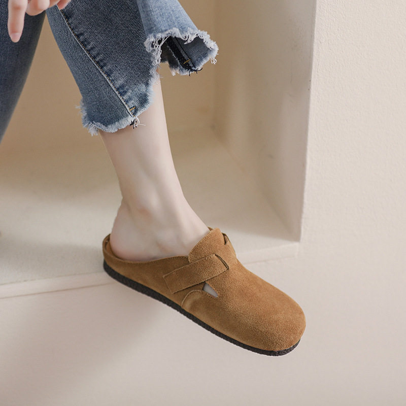 Genuine Leather Baotou Birkenstock Shoes for Women's Outer Wear 2024 New Spring & Fall Retro Slip-On Flats-Soled Lazy Birkenstock Half Slippers