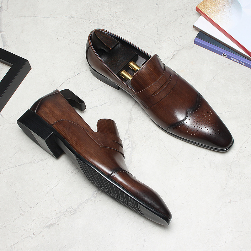 Giày lười nam mũi nhọn da bò thật lớp đầu phong cách công sở — Nâu cà phê, màu đen