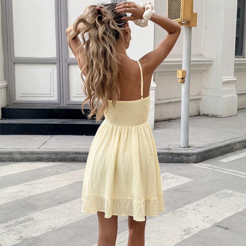 Summer Casual Solid Color Ruffle Strap Cake Dress Fresh and Sweet Style Perfect for Parties and Daily Wear OEM Available