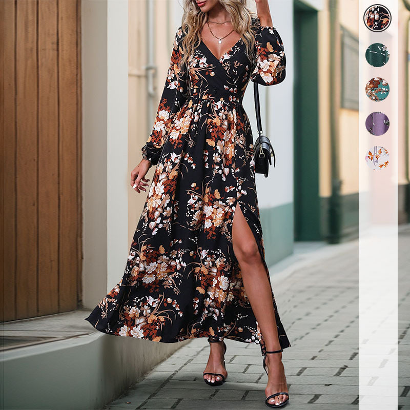 Womens Long Sleeve V Neck Floral Dress Autumn Style European and American Fashion Wholesale Available