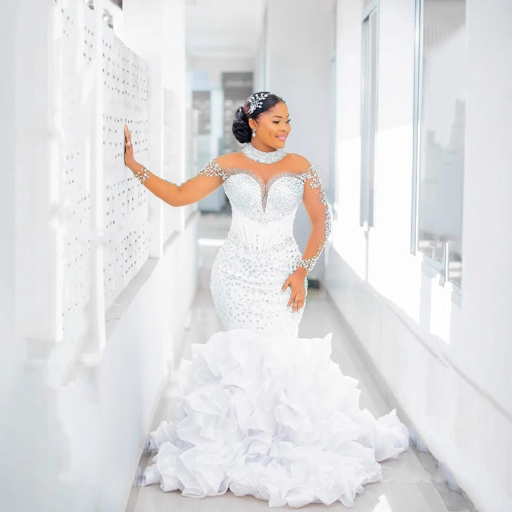 one-shoulder fishtail wedding dress long-sleeved light luxury niche wedding dress slim sexy light wedding dress for women