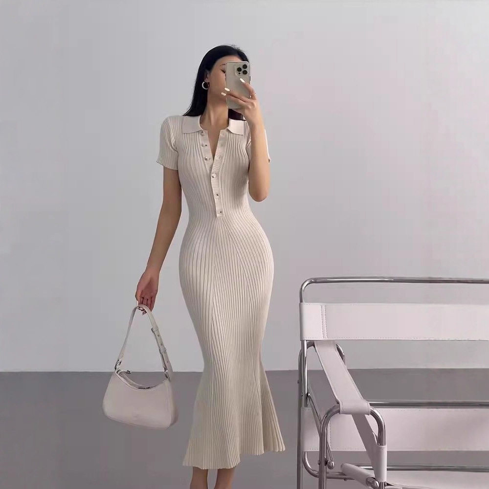 Long Polo Knit Dress Fishtail Hem Slim Fit Short Sleeve Bodycon Style Perfect for Office Wear Wholesale Available