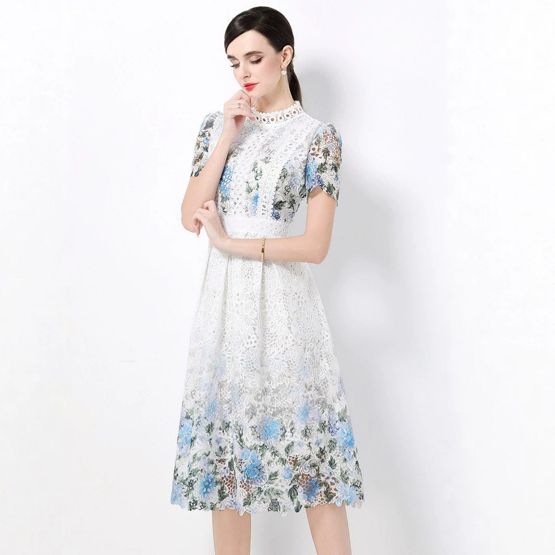 French Vintage Elegant Lace Dress Intricate Hollow Design Waist Defining Flattering Fit Perfect for Formal Occasions