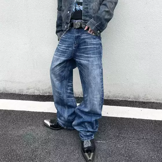 Washed High Street Jeans for Men, American Style Trendy Retro Loose Wide-Leg Pants, Straight Long Pants, Unisex