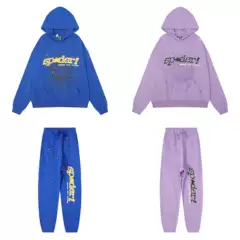 Beautiful trendy men's same Sp5der 555555 cobweb foam printing trendy heavy Terry hooded sweater suit