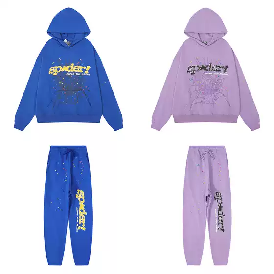 Beautiful trendy men's same Sp5der 555555 cobweb foam printing trendy heavy Terry hooded sweater suit