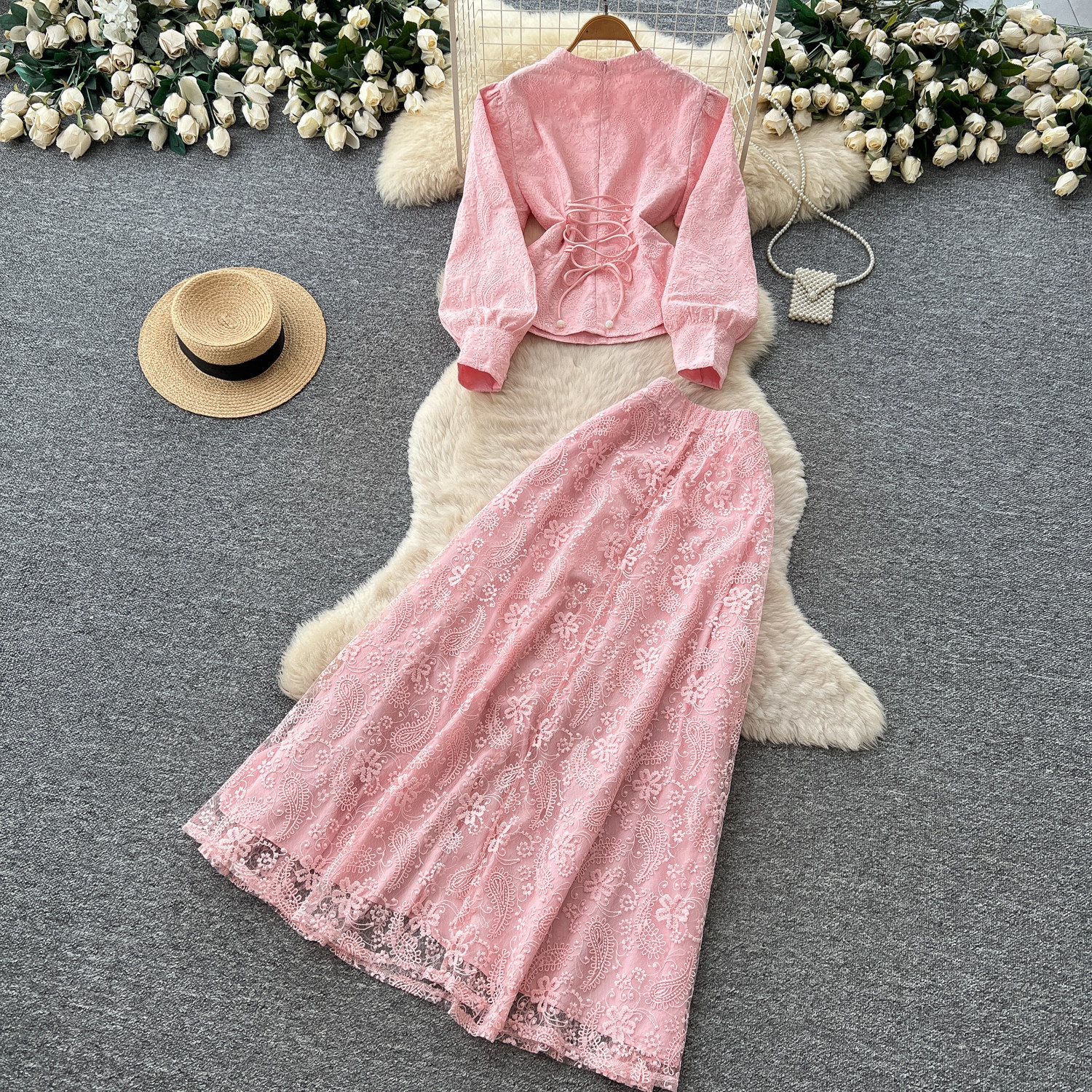 French Elegant Womens Autumn Fashion Set Embroidered Sequined Sheer Mesh Top with Waist Detail High Waisted Skirt