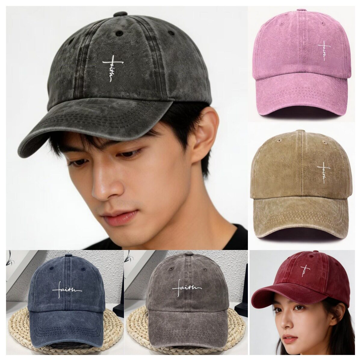 ศรัทธาพิมพ์สไตล์ถนนย้อนยุคล้างหมวกเบสบอลชายและหญิงเก่าหมวกกิ...