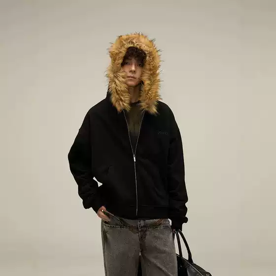 Cross-Border Direct Sales American Retro Fur Collar Couple Hooded Zipper Cardigan Sweatshirt Oversize Design Niche Jacket