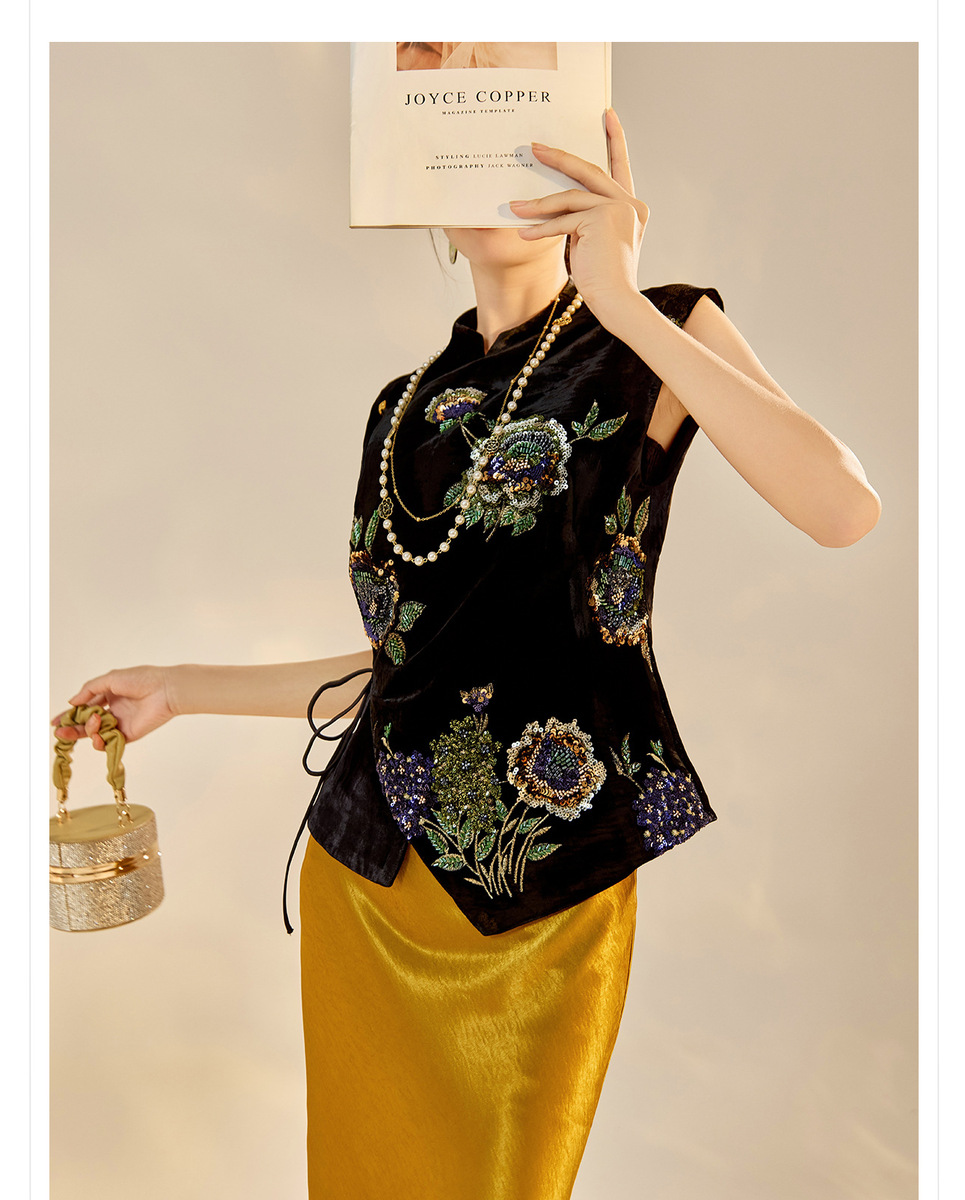 Áo vest nữ dáng gile thêu sequin chất liệu tơ tằm phối polyester — Áo Vest Vàng Đen (Giao Hàng Ngay), Áo Vest Vàng Đen (Giao Hàng Trong 7 Ngày)
