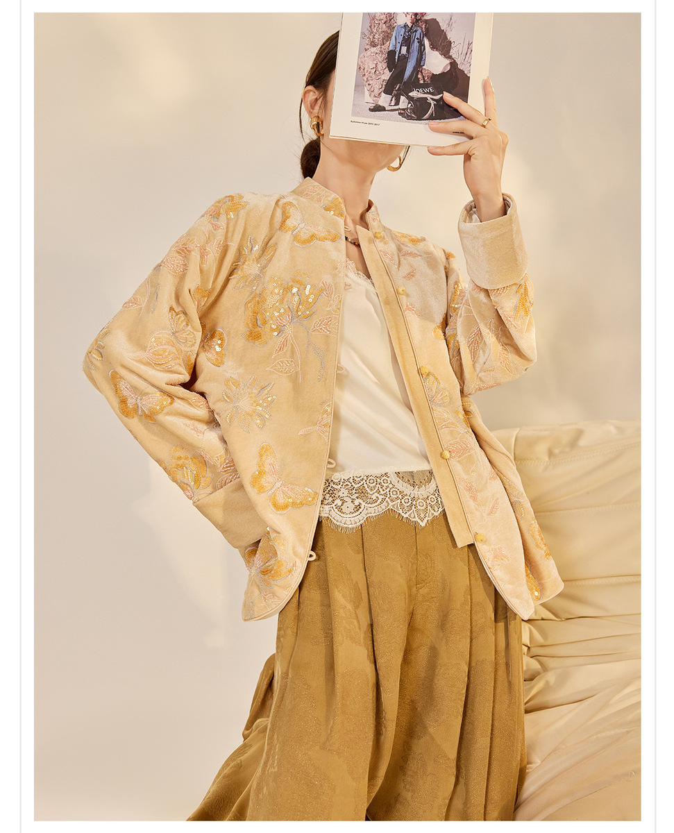 Áo khoác nữ cổ đứng dài tay thêu hoa đính kim sa phong cách retro — Màu cam mơ (giao hàng trong 7 ngày), Màu cam mơ (giao hàng trong ngày)