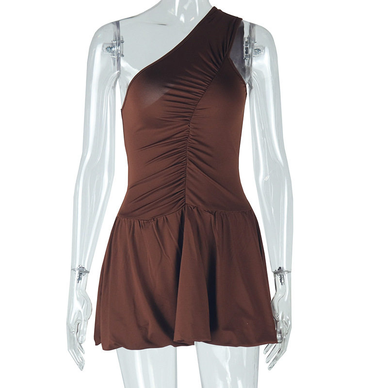 Off Shoulder Pleated Mini Dress Elegant Ruffle Hem Slim Fit Solid Color Fashionable for Parties and Events