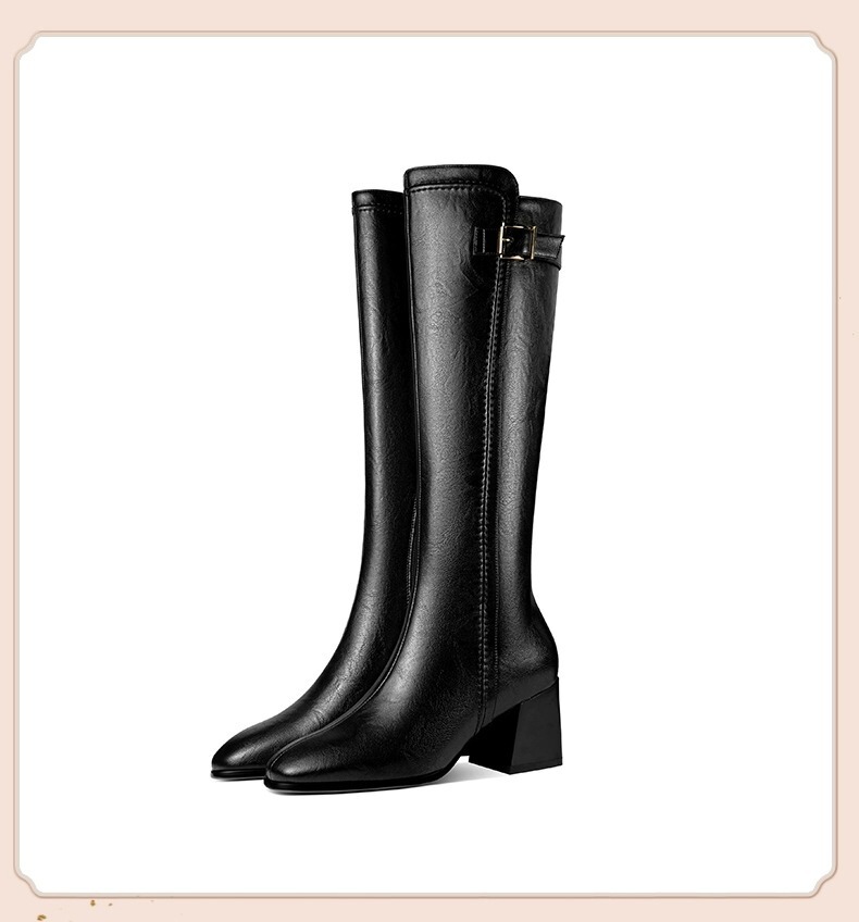 Boot nữ cổ cao gót thô mũi tròn phối khóa kéo bên, dáng ôm chân tôn dáng — Màu đen, Màu nâu