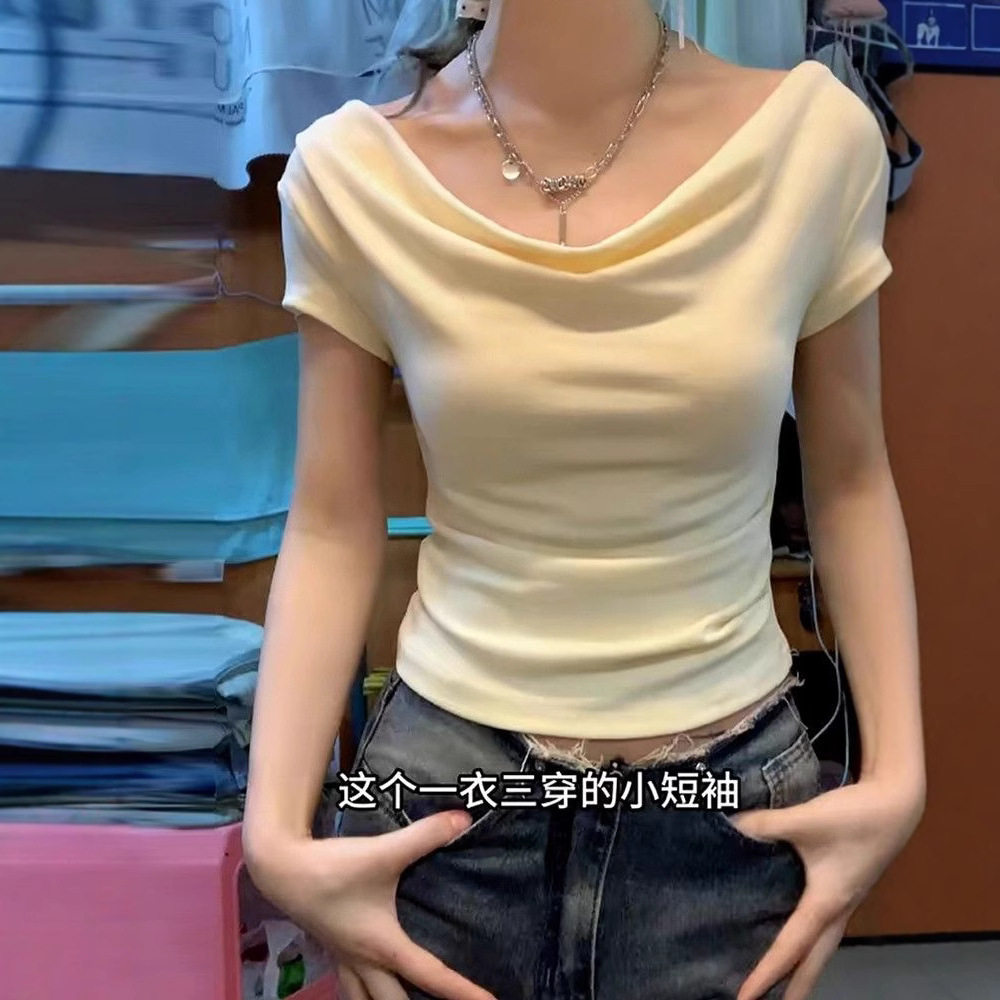 Off Shoulder Short Sleeve T Shirt for Women Summer Slim Fit French Style Sweet and Spicy Wholesale Available