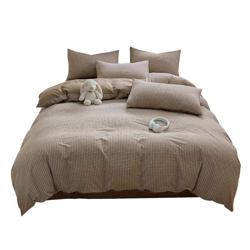 Class a 100 Cotton Yarn-Dyed Washed Cotton Combed Cotton Four-Piece Set of Bed Sheetss, Quilt Covers, Fitted Bed Sheetss, Dormitory Three-Piece Bedding Set