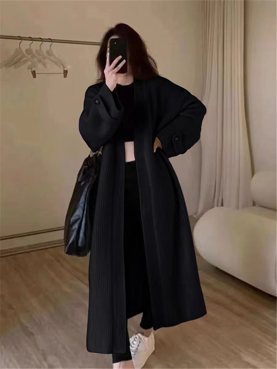 设计感V领软糯亲肤针织开衫2025秋慵懒风宽松过膝长款毛衣外套女