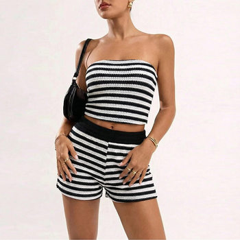 2025 Summer Cross-Border Export European and American Black and White Stripesd Tube Top Shorts Suit Slim Sexy Hot Pants Two-Piece Set for Women